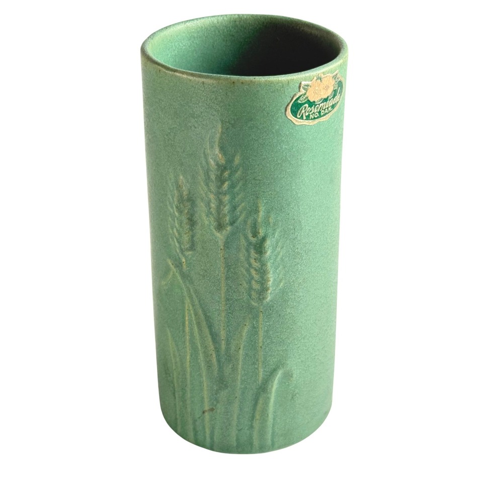Rosemeade Pottery Wheat Motif Vase Shaded Green North Dakota ND Vintage 5.5in